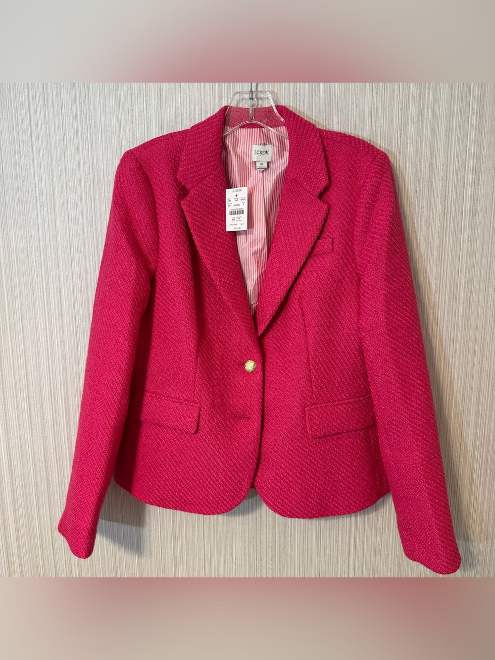 $218 NWT J Crew Hot Pink Magenta Boucle 2 Button Blazer Suit Coat Luxury Vibes 8
